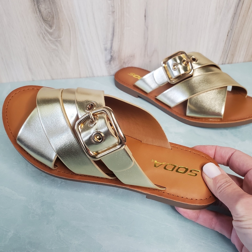 New! Gold Double Strap Buckle Sandals - Picture 2 of 7